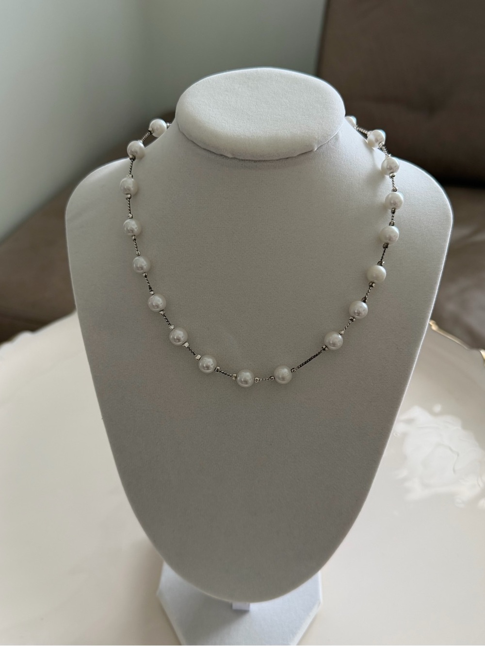 VTG Faux Pearl Silver Bar Link Station Necklace Choker 16”